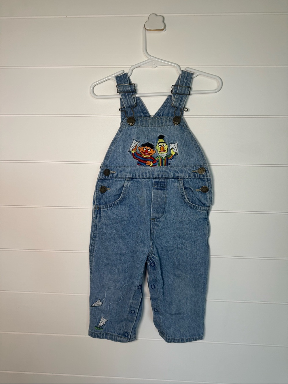 Vintage HTF Bert And Ernie Sesame Street Paper Airplane Denim Overalls 12m